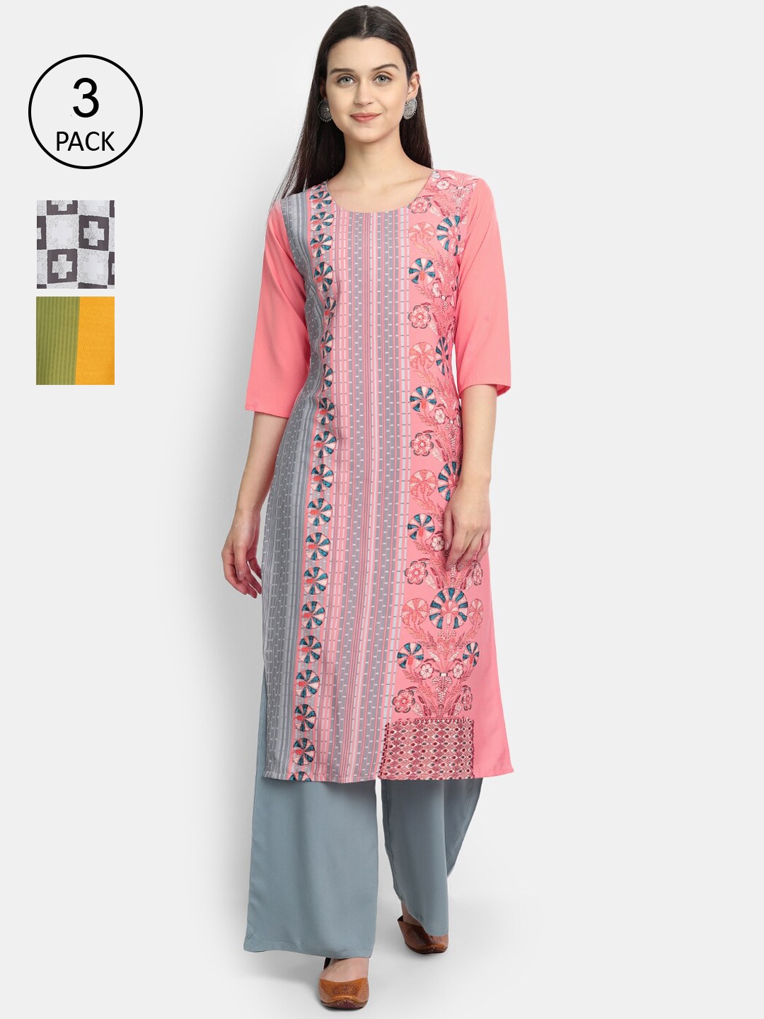 

Ethnic basket Women Pack of 3 Multicoloured Floral Printed Crepe Kurta, Multi