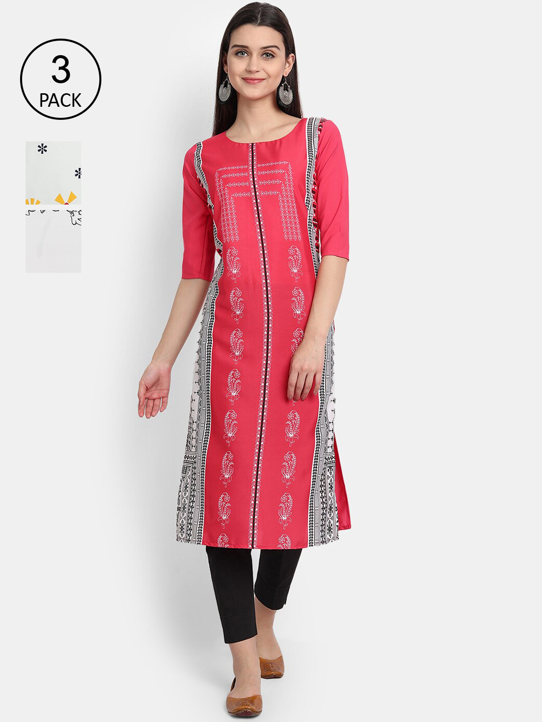 

Ethnic basket Women Multicoloured Set Of 3 Ethnic Motifs Printed Crepe Kurta, Multi