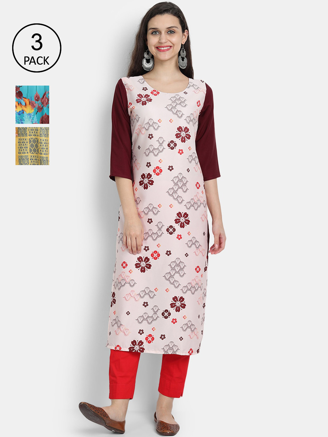 

Ethnic basket Women Set Of 3 Multicoloured Ethnic Motifs Printed Crepe Kurta, Multi