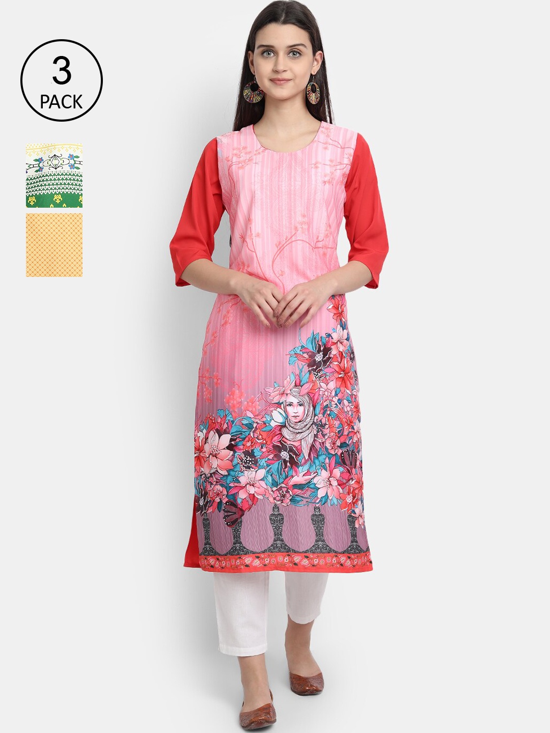 

Ethnic basket Women Pack Of 3 Ethnic Motifs Printed Crepe Straight Kurtas, Multi