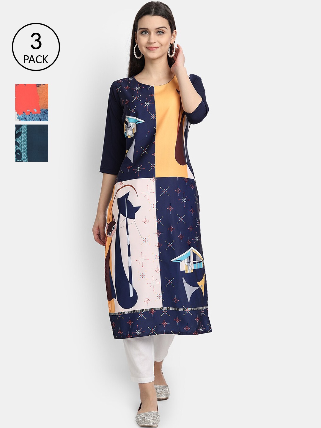 

Ethnic basket Women Multicoloured Set Of 3 Ethnic Motifs Printed Crepe Kurta, Multi