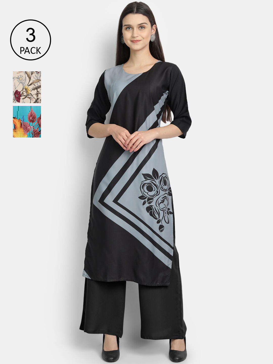 

Ethnic basket Women Pack Of 3 Straight Kurtas, Black