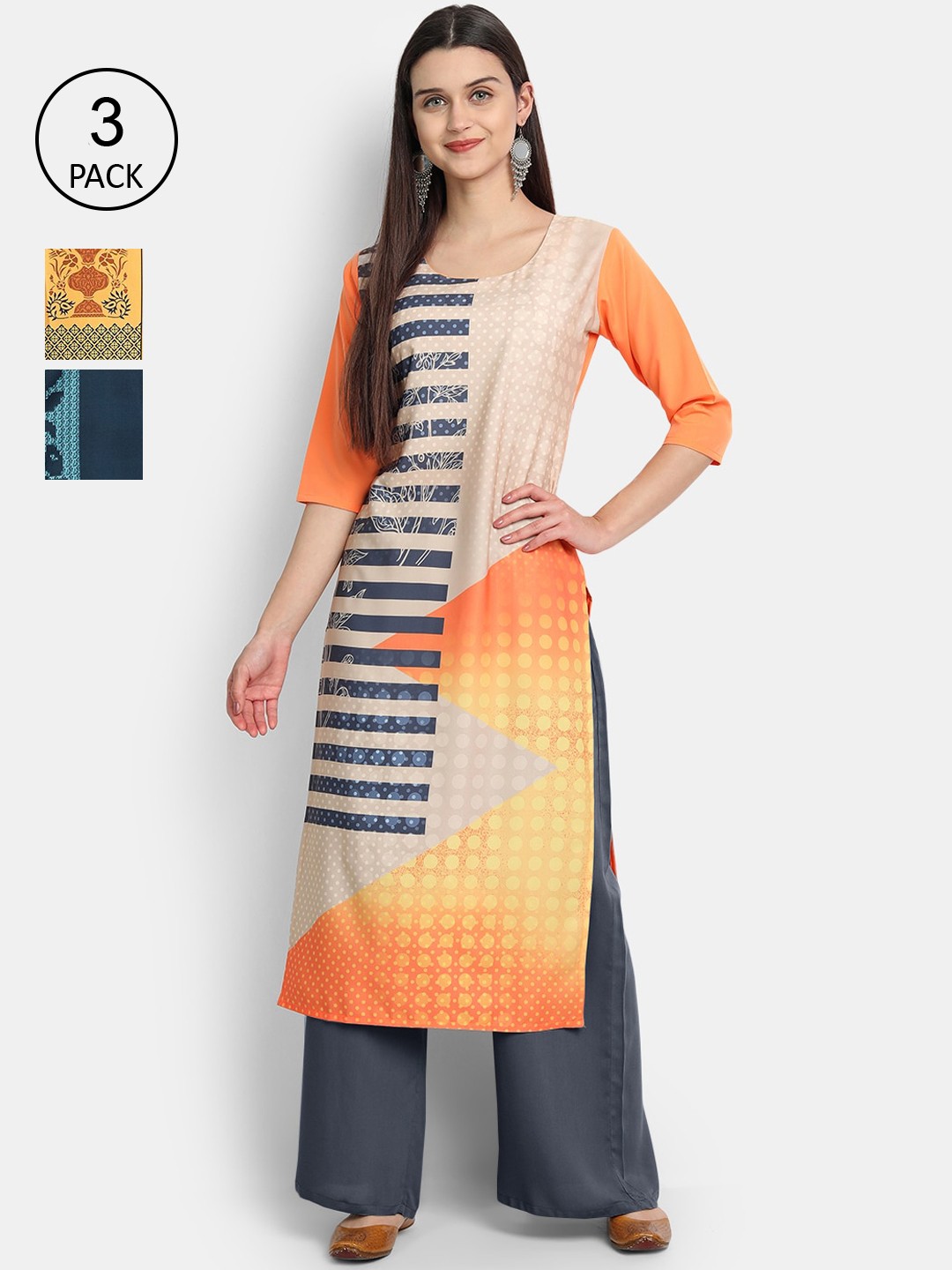 

Ethnic basket Women Multicoloured Set Of 3 Ethnic Motifs Printed Crepe Kurta, Multi