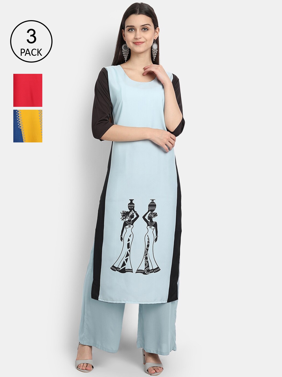 

Ethnic basket Women Multicoloured Set Of 3 Ethnic Motifs Printed Crepe Kurta, Multi