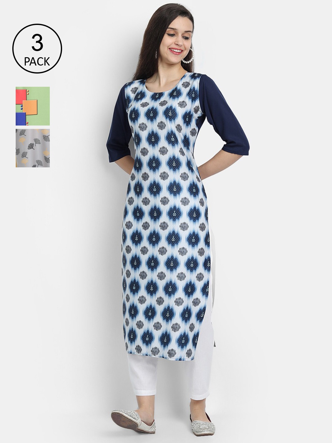 

Ethnic basket Women Pack of 3 Printed Crepe Kurtas, Blue