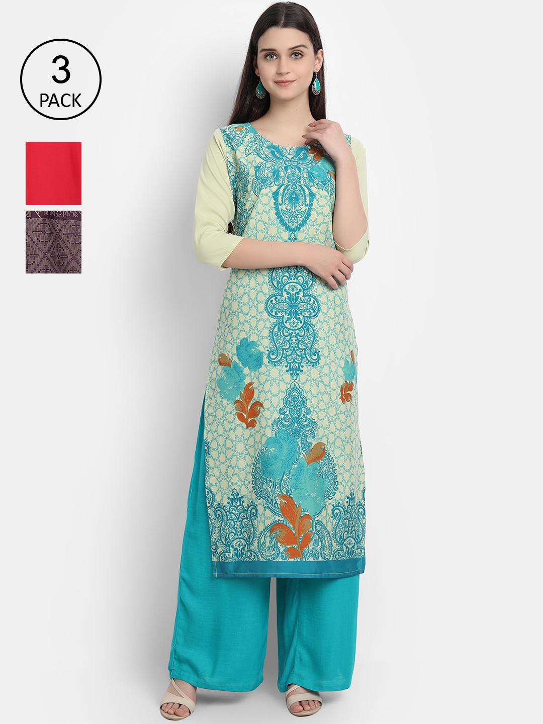 

Ethnic basket Pack of 3 Ethnic Motifs Printed Crepe Kurta, Blue