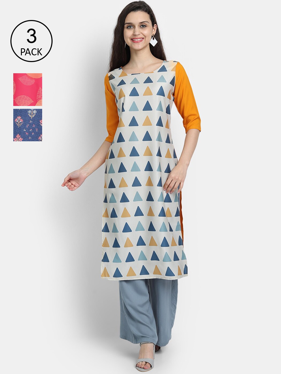 

Ethnic basket Women Pack of 3 Blue & Peach-Coloured Ethnic Motifs Printed Crepe Kurtas