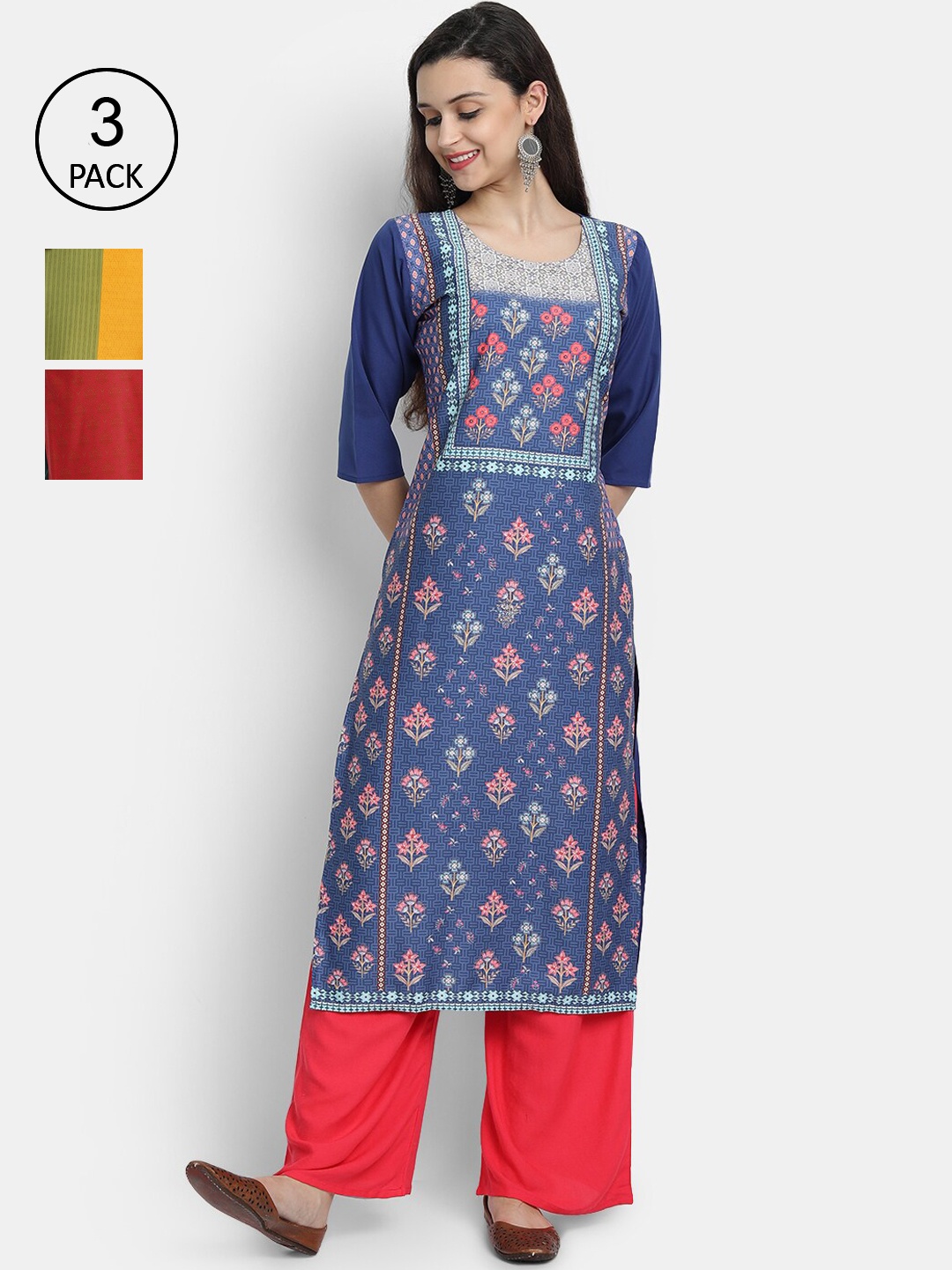 

Ethnic basket Women Multicoloured Set Of 3 Ethnic Motifs Printed Crepe Kurta, Multi