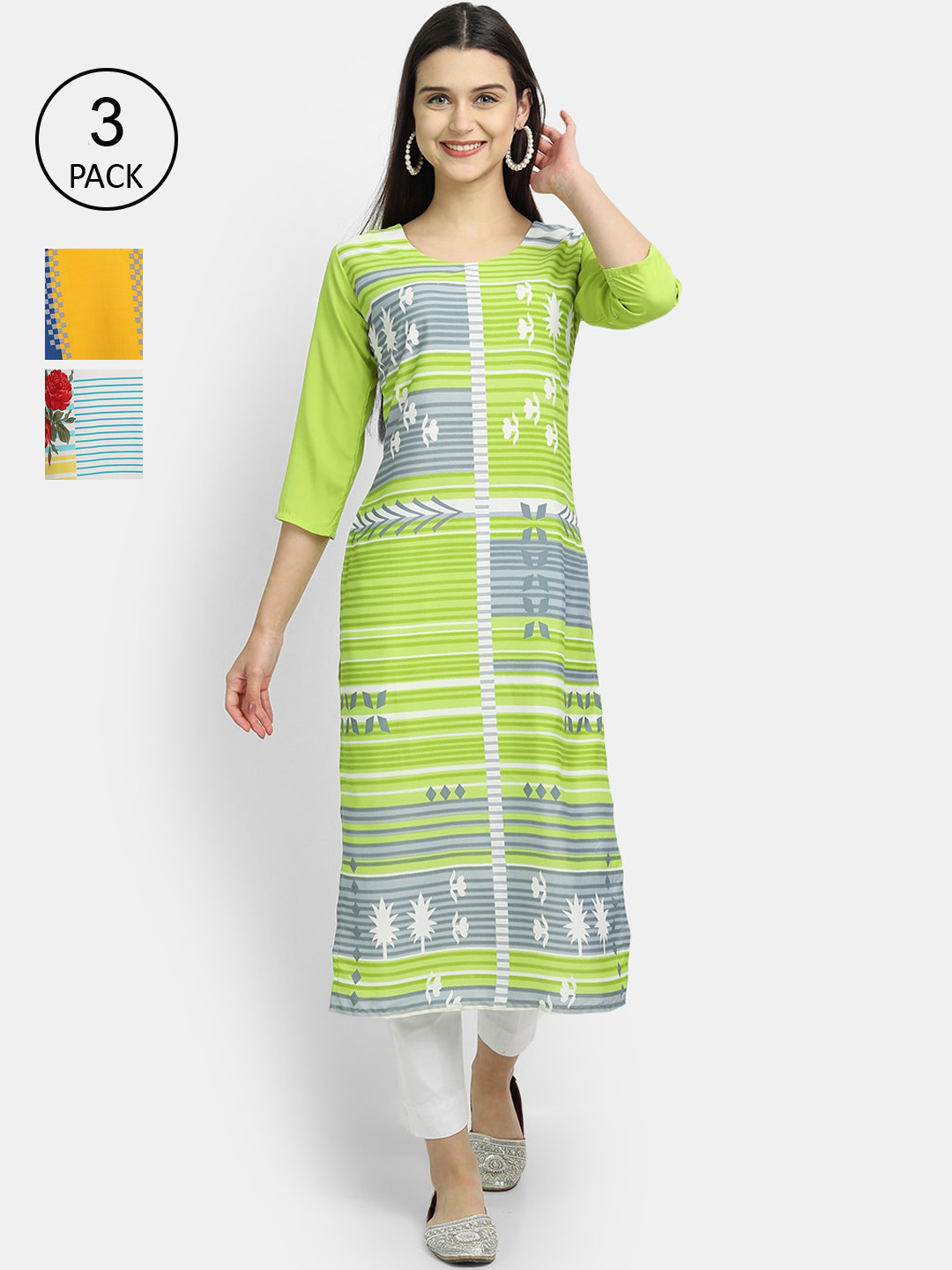 

Ethnic basket Women Pack of 3 Multicoloured Ethnic Motifs Printed Crepe Kurta, Multi