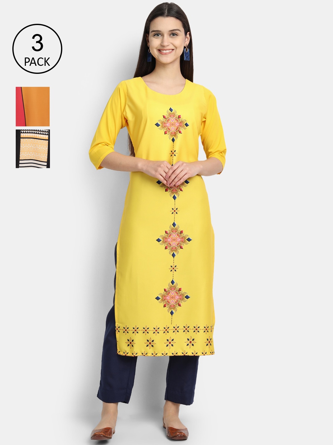 

Ethnic basket Women Set Of 3 Multicoloured Ethnic Motifs Printed Crepe Kurta, Multi