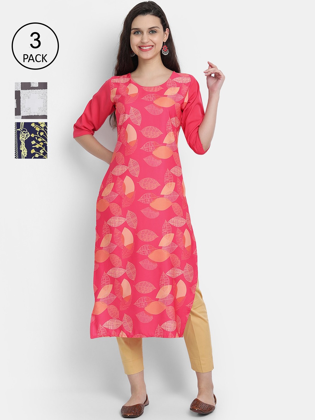 

Ethnic basket Pack of 3 Printed Kurtas, Pink