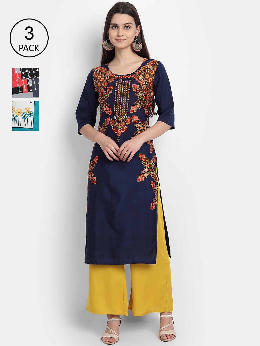 

Ethnic basket Women Pack of 3 Multicoloured Floral Printed Crepe Kurta, Multi