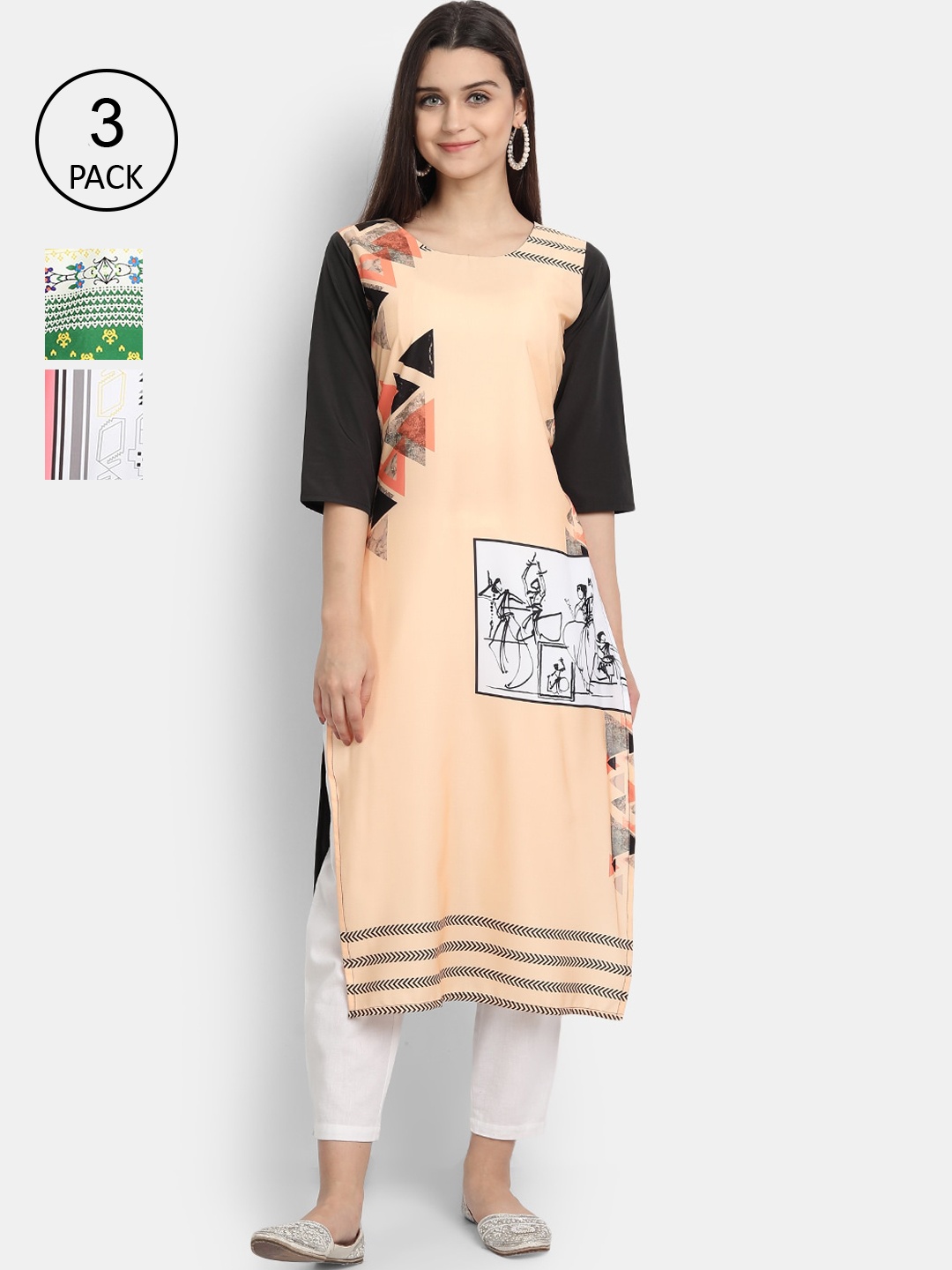 

Ethnic basket Women Set Of 3 Multicoloured Ethnic Motifs Printed Crepe Kurta, Multi