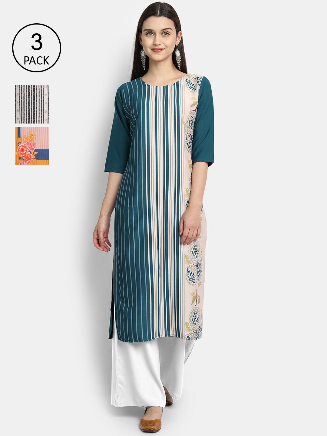

Ethnic basket Women Set Of 3 Multicoloured Printed Crepe Kurta, Multi