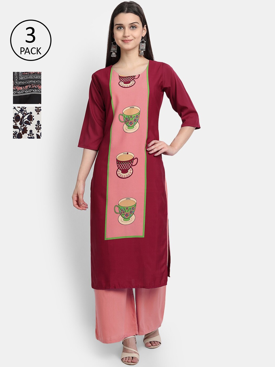 

Ethnic basket Women Pack of 3 Ethnic Motifs Printed Crepe Kurta, Multi