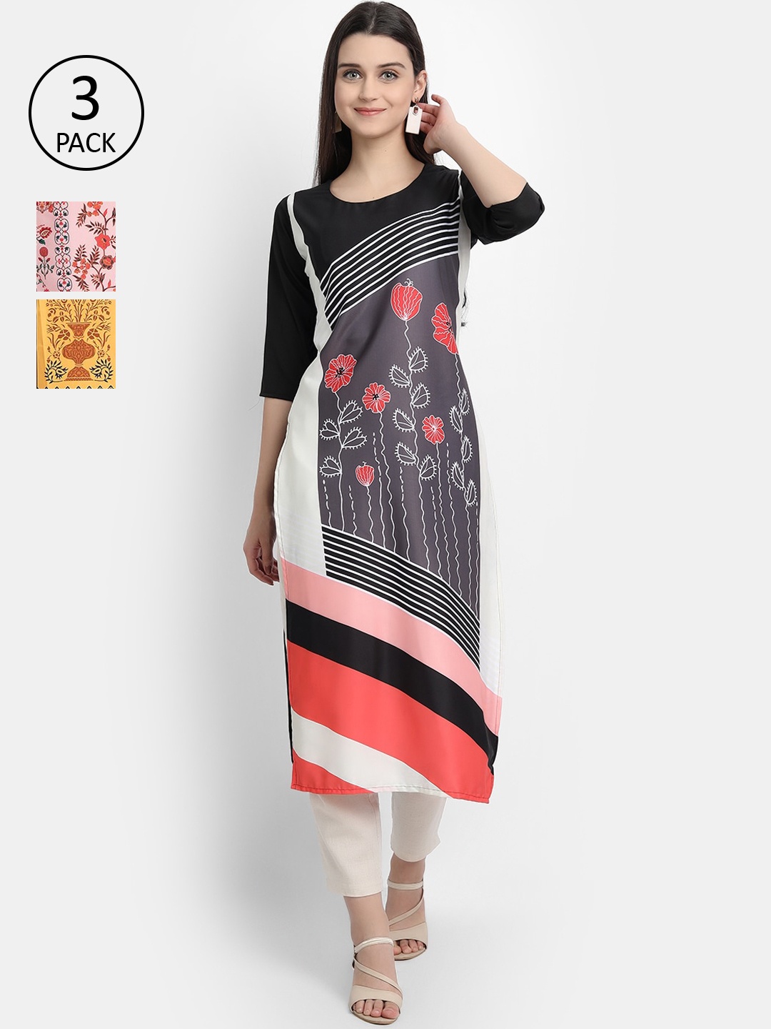 

Ethnic basket Women Set Of 3 Multicoloured Printed Crepe Kurta, Multi