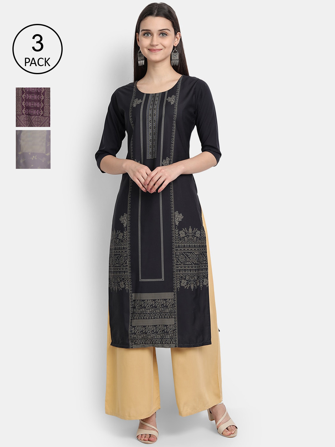 

Ethnic basket Women Multicoloured Geometric Striped Thread Work Crepe Kurta, Multi