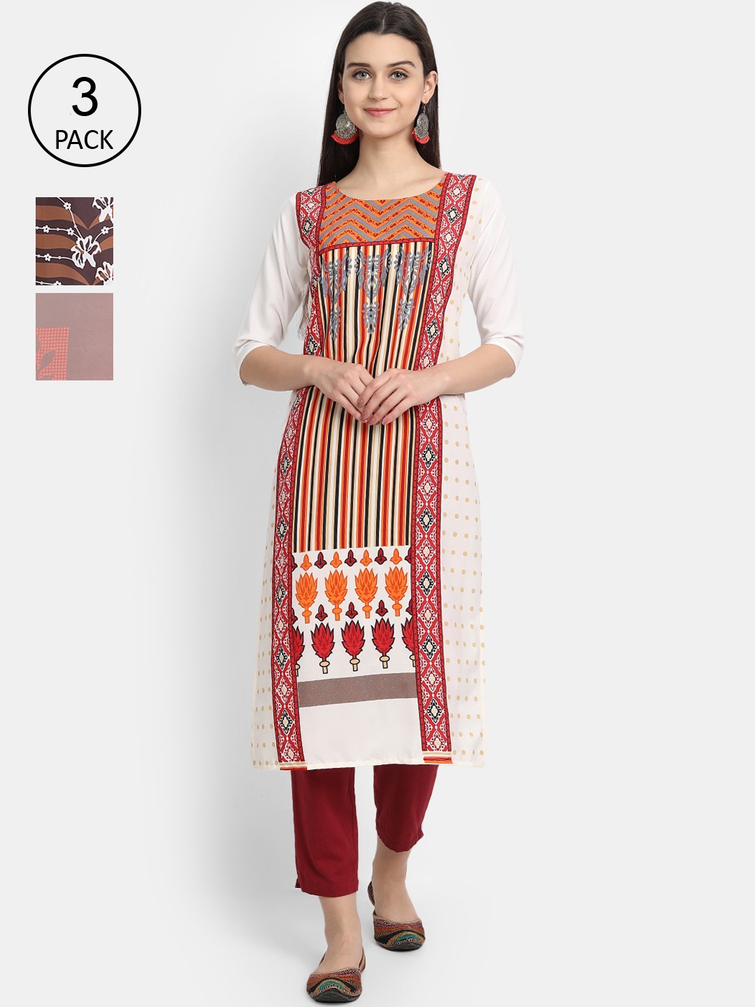

Ethnic basket Women Pack of 3 Multicoloured Ethnic Motifs Printed Crepe Kurtas, Multi