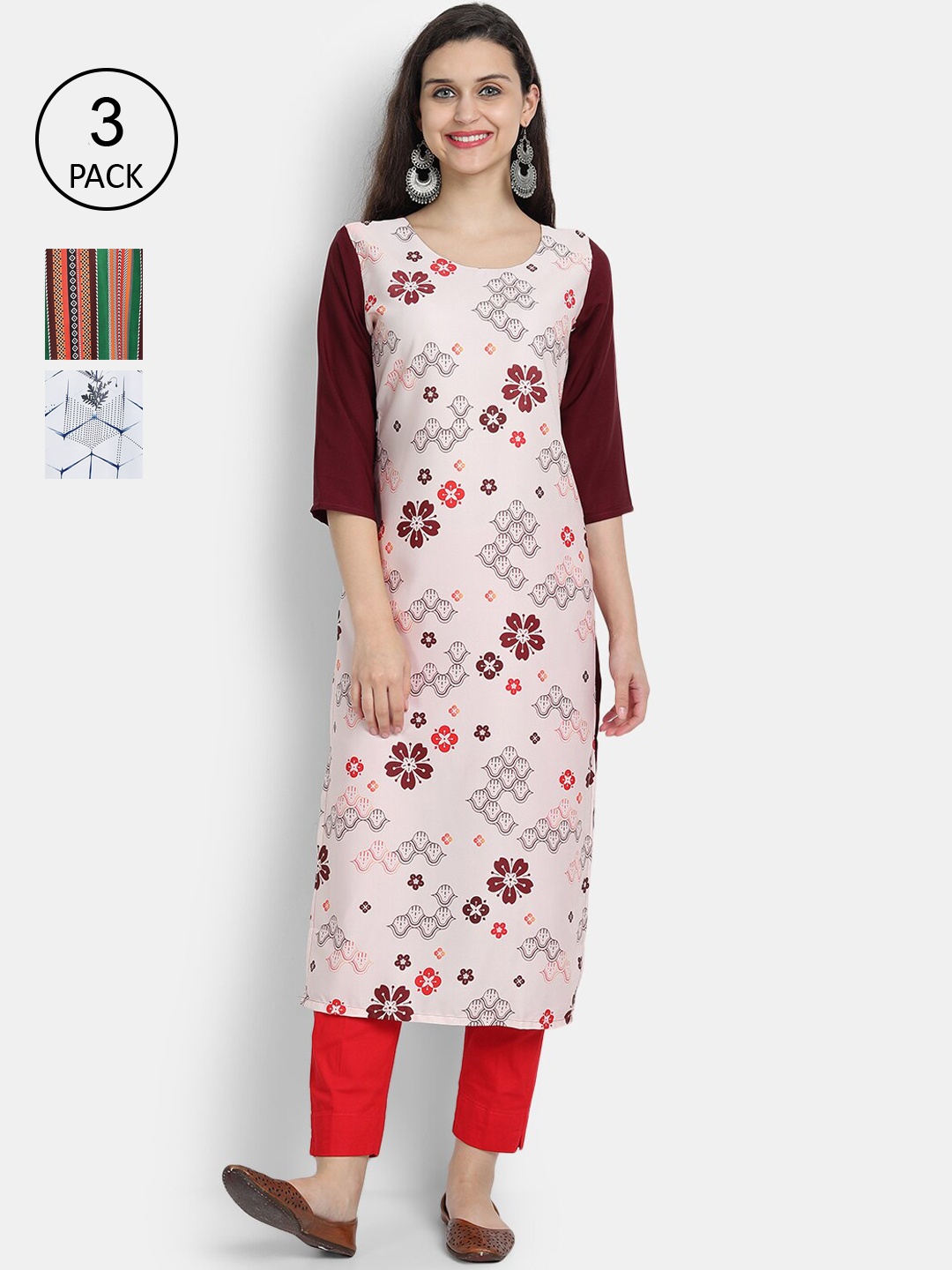 

Ethnic basket Women Pack of 3 Multicoloured Printed Crepe Straight Kurta, Multi
