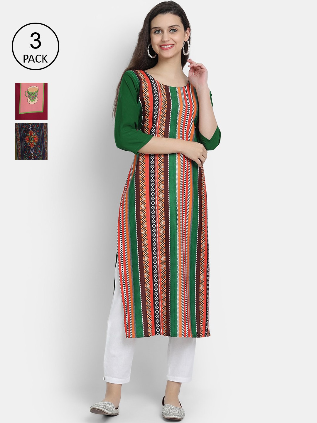 

Ethnic basket Women Pack of 3 Printed Crepe Kurtas, Green