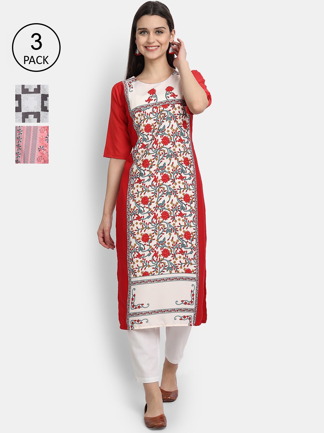 

Ethnic basket Women Pack Of 3 Digital Printed Crepe Kurta, Red