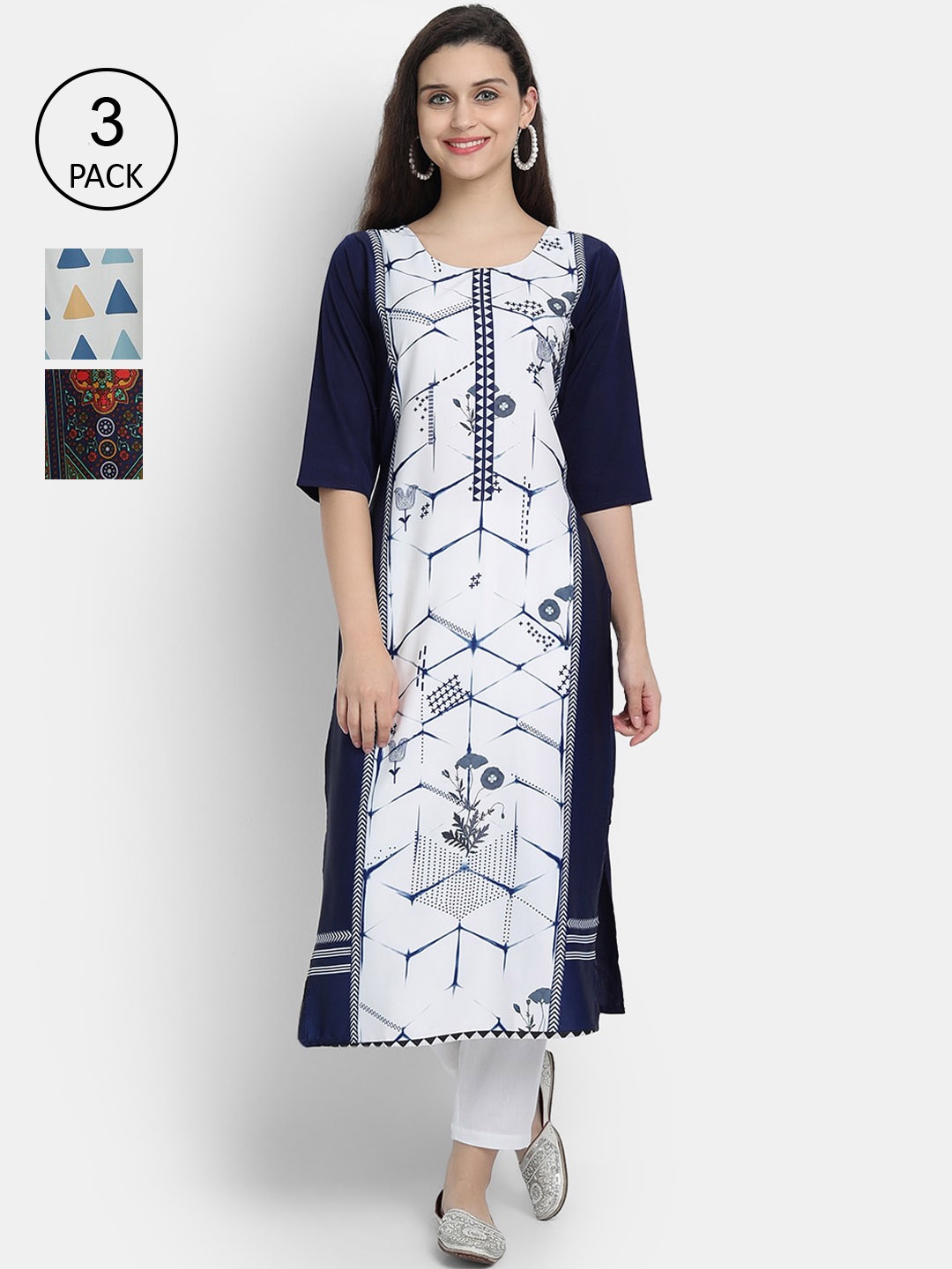 

Ethnic basket Women Pack of 3 White & Blue Printed Crepe Kurtas