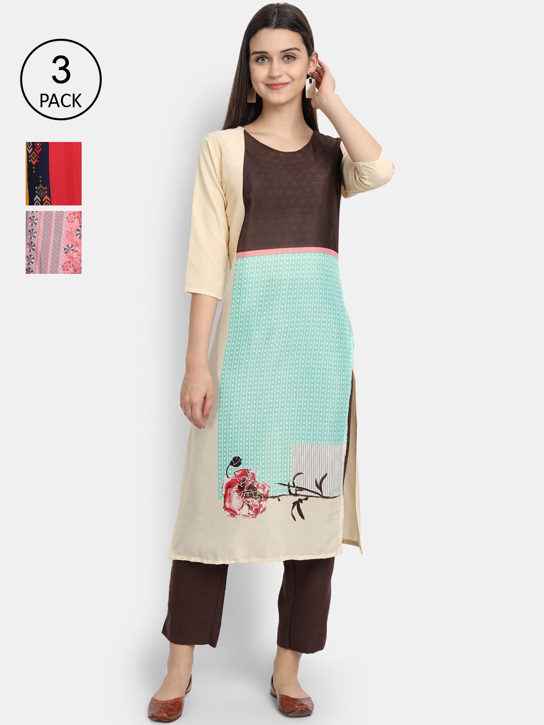 

Ethnic basket Women Pack of 3 Colourblocked Crepe Kurta, Multi