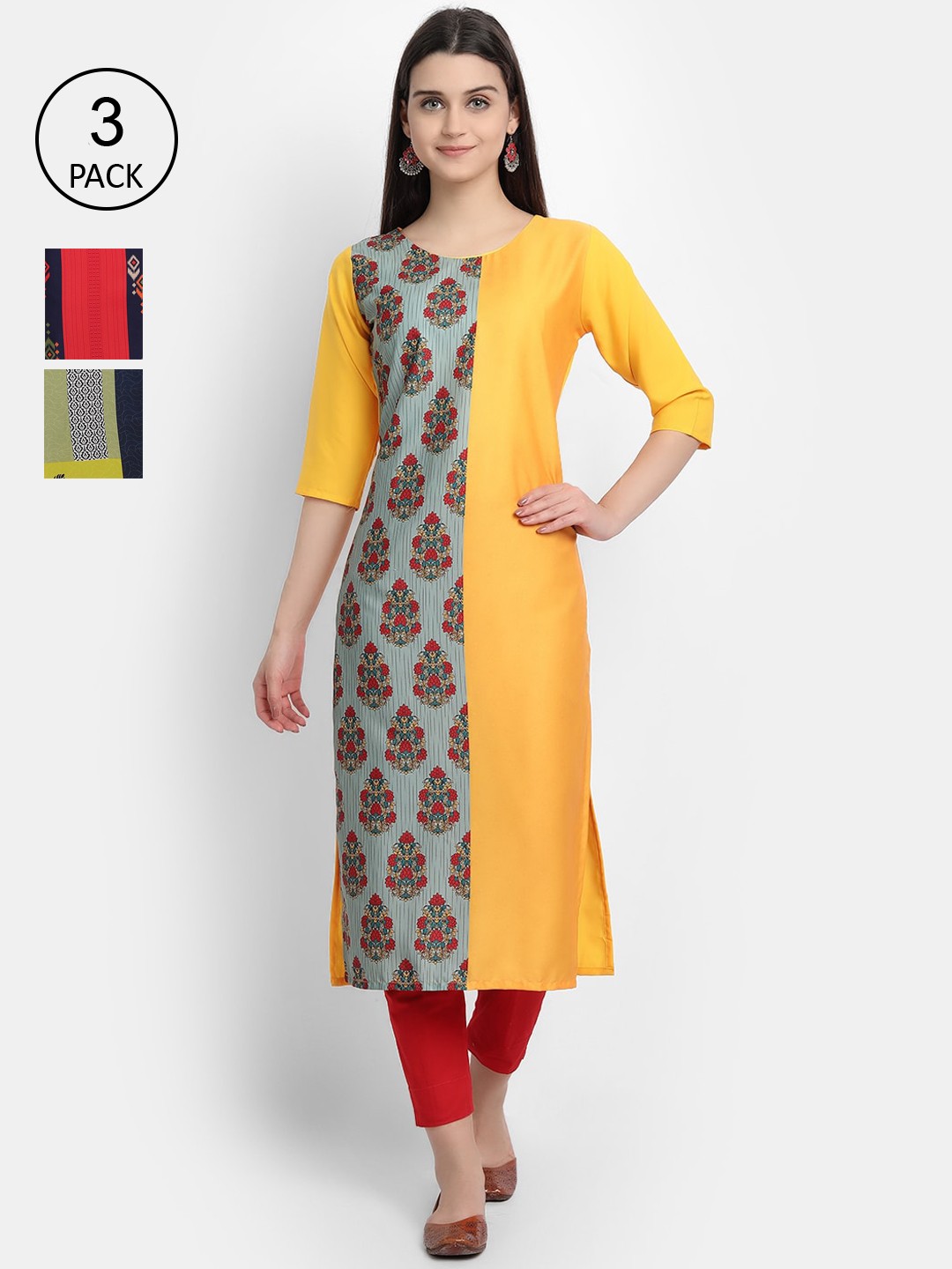 

Ethnic basket Women Pack Of 3 Straight Kurtas, Yellow
