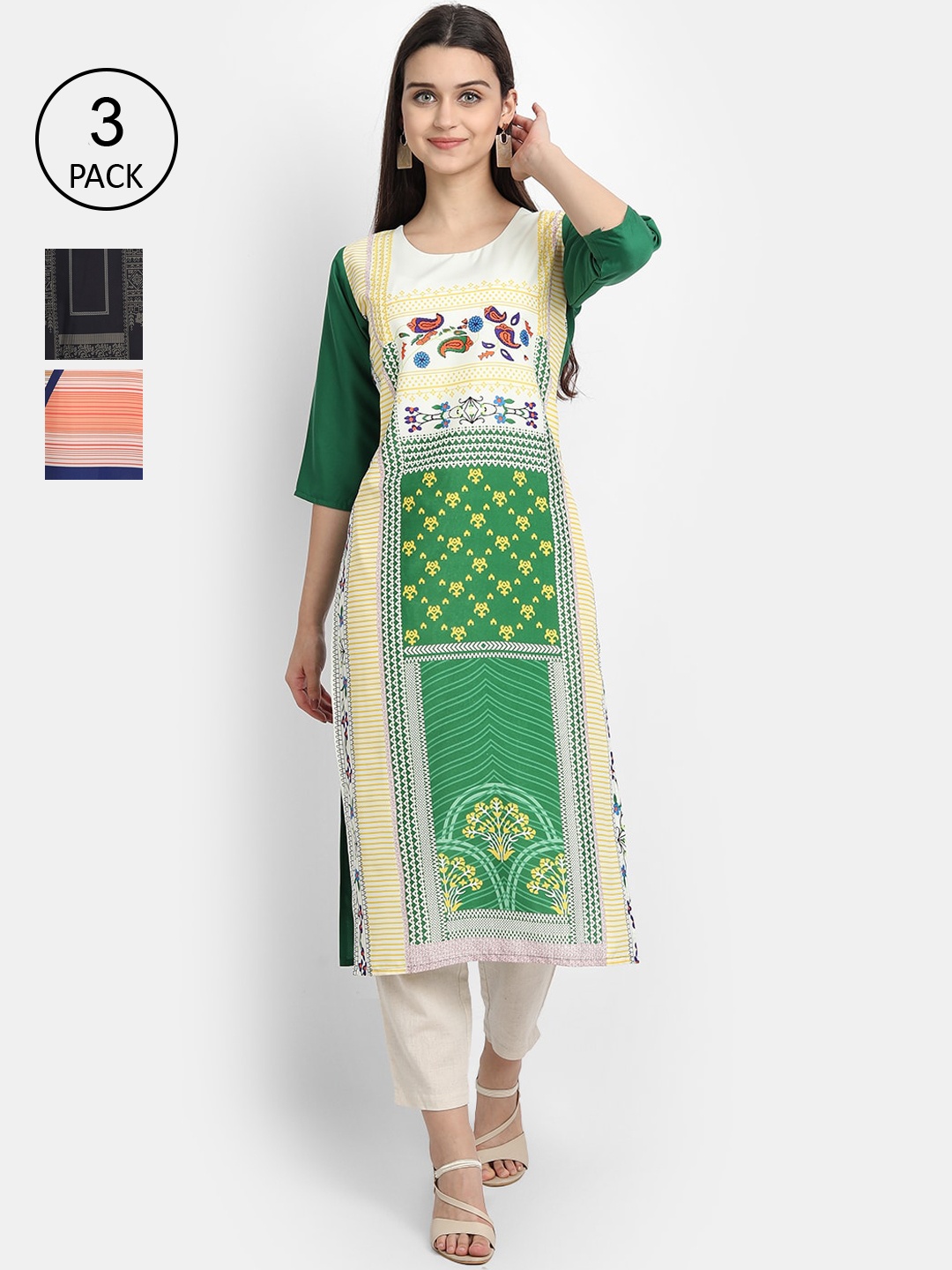

Ethnic basket Women Pack of 3 Multicoloured Printed Crepe Straight Kurta, Multi