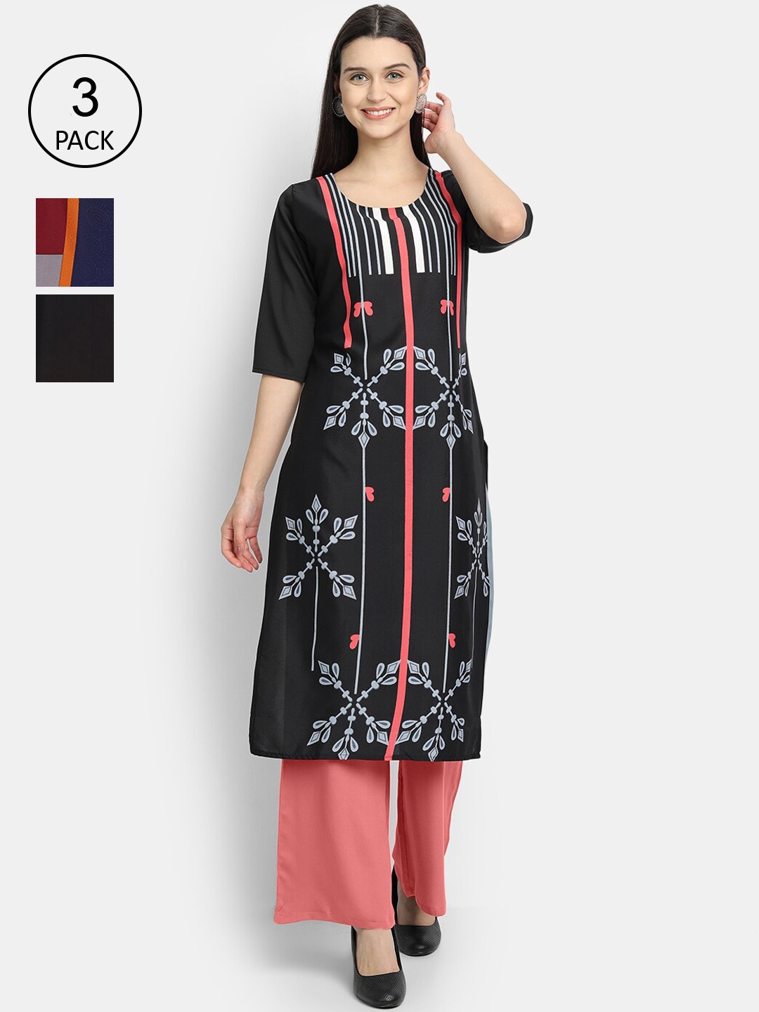 

Ethnic basket Women Set Of 3 Multicoloured Ethnic Motifs Printed Crepe Kurta, Multi