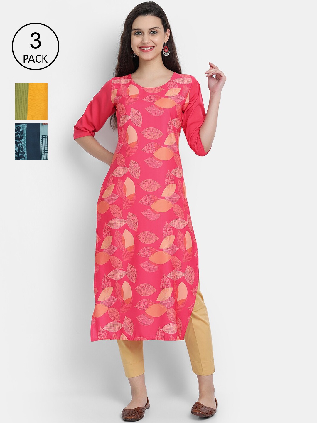 

Ethnic basket Women Multicoloured Set Of 3 Ethnic Motifs Printed Crepe Kurta, Multi