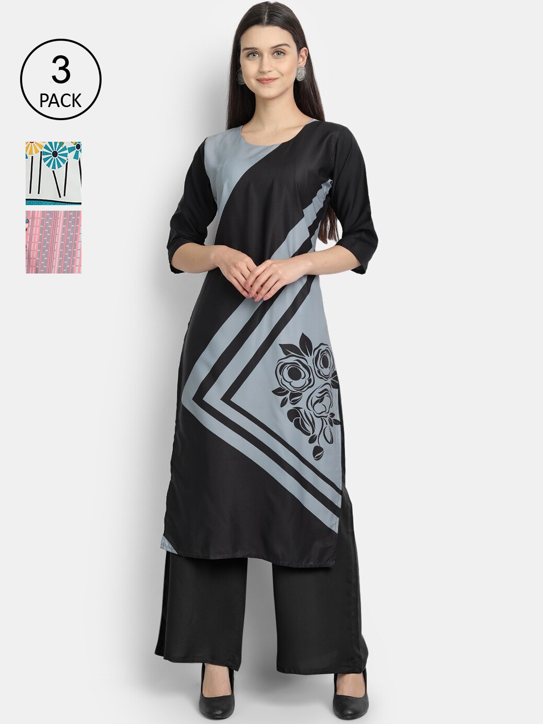 

Ethnic basket Women Multicoloured Floral Embroidered Thread Work Crepe Kurta, Multi