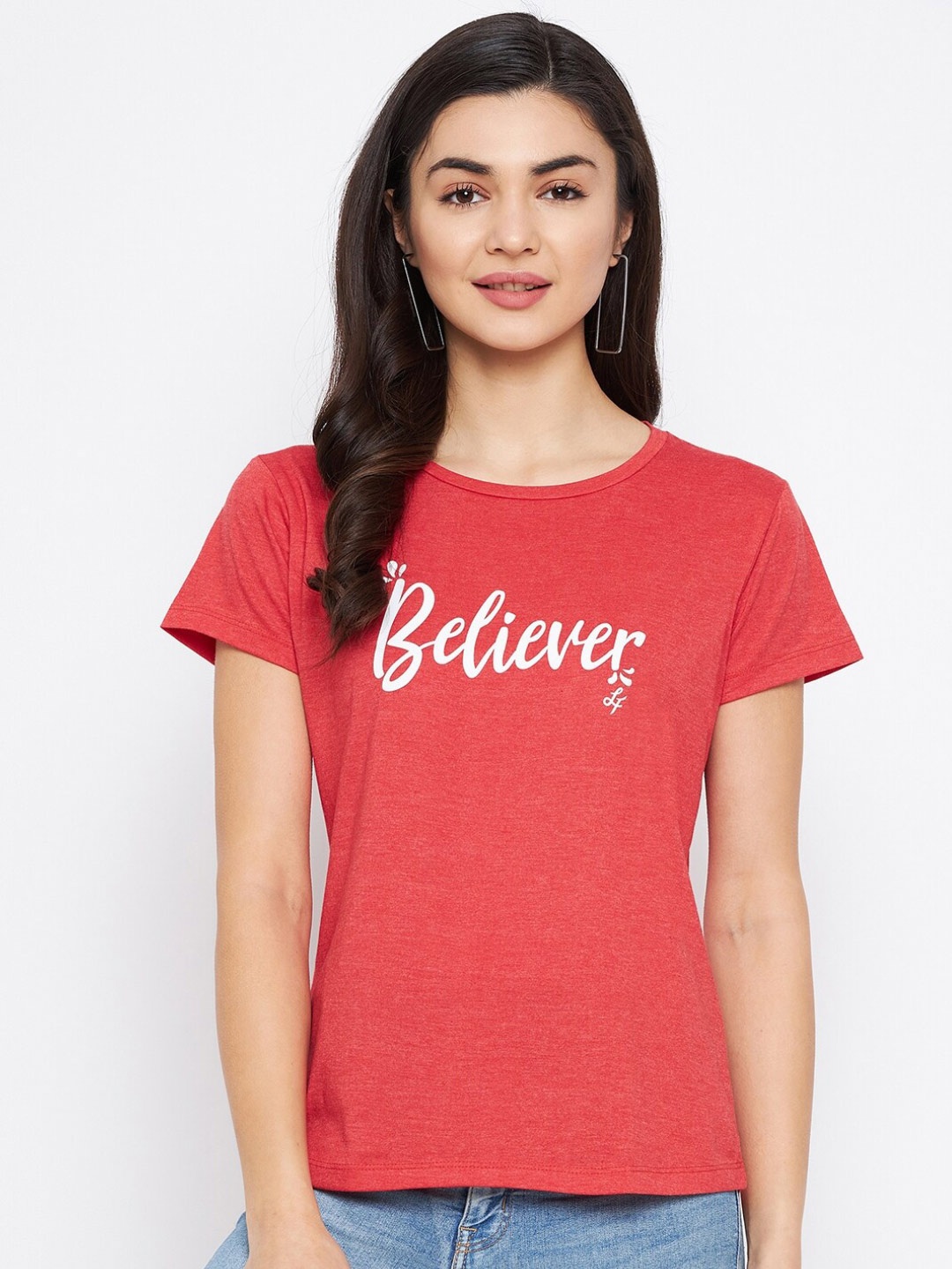 

NEVA Women Coral Orange & White Typography Printed Cotton T-shirt