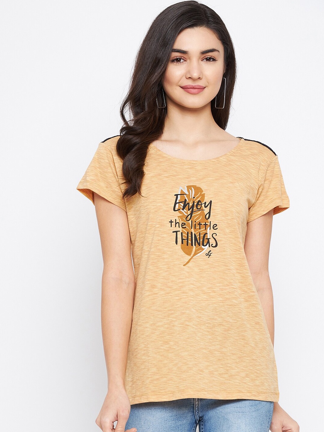 

NEVA Women Mustard Yellow Typography Printed T-shirt