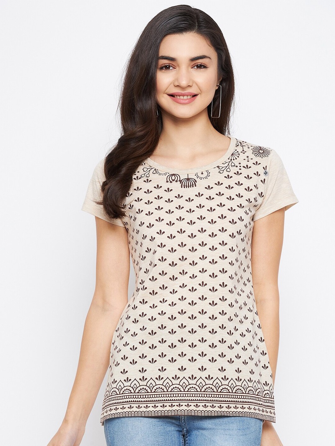 

NEVA Women Brown Floral Printed Cotton T-shirt