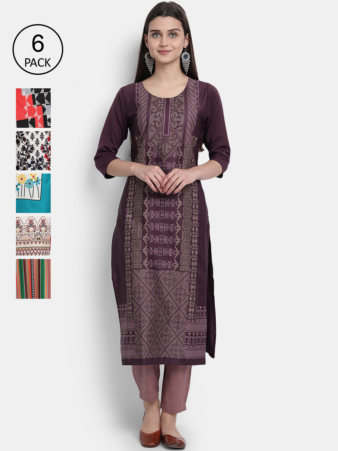 

Ethnic basket Women Pack Of 6 Printed Crepe Kurta, Purple