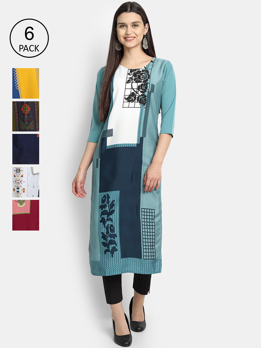 

Ethnic basket Women Pack Of 3 Geometric Printed Crepe Kurta, Blue