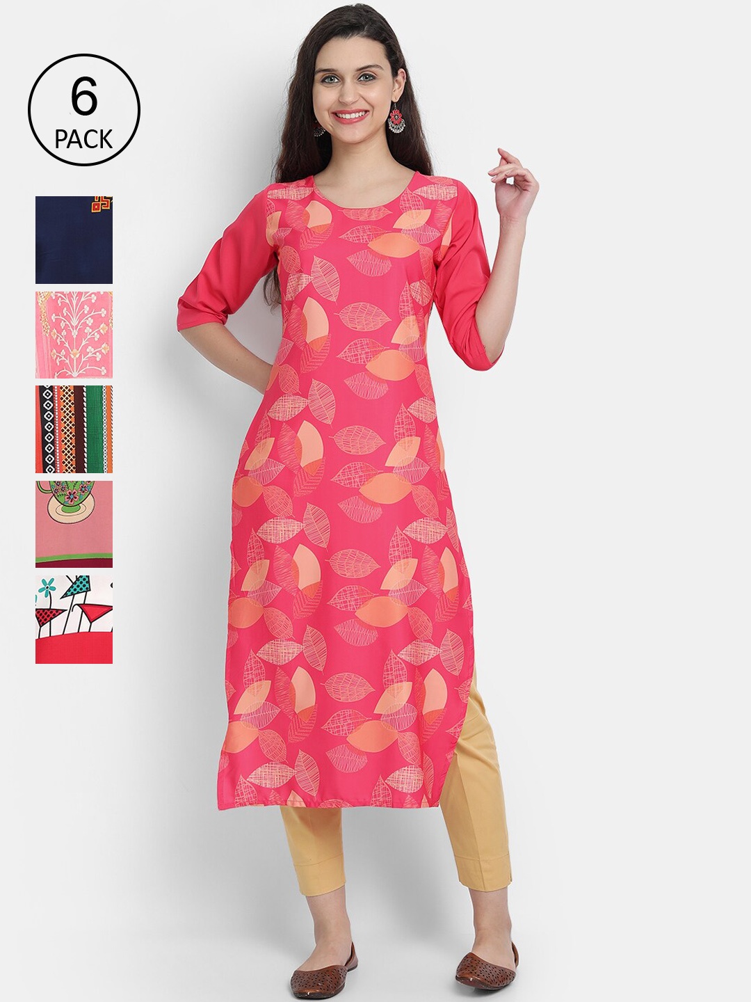 

Ethnic basket Pack of 6 Printed Kurtas, Pink