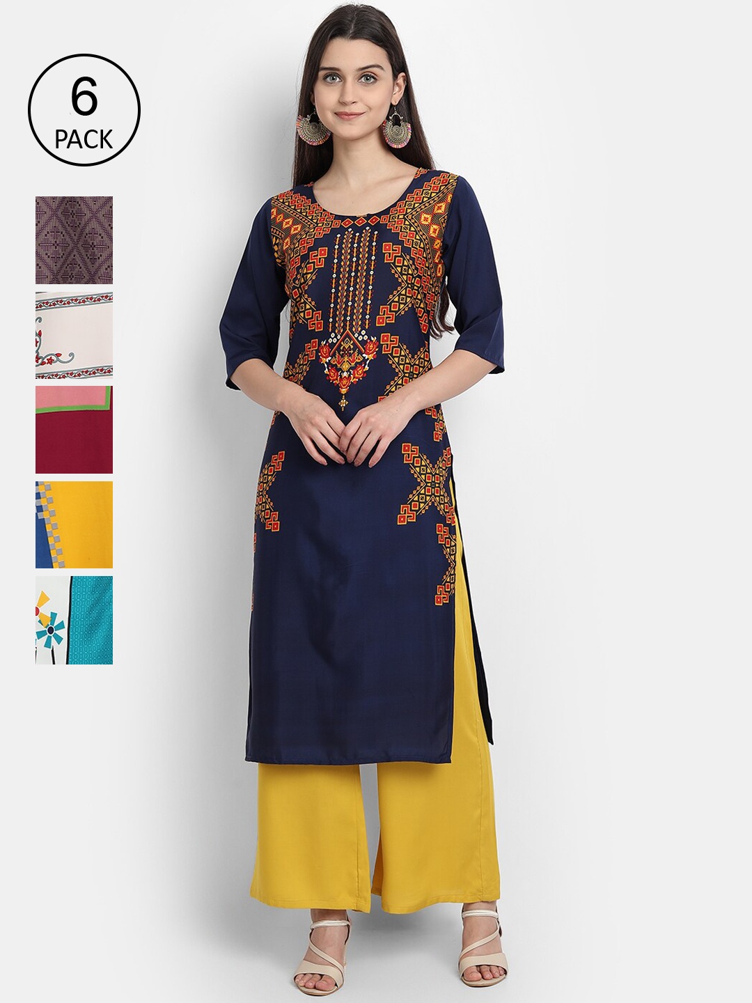 

Ethnic basket Women Multicoloured Set Of 6 Ethnic Motifs Printed Crepe Kurta, Multi