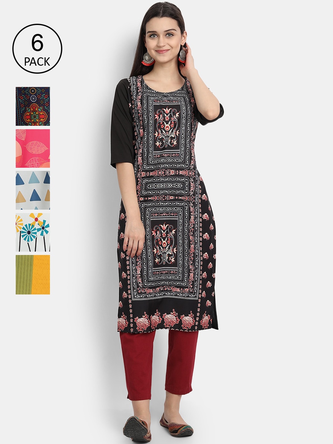

Ethnic basket Women Set of 6 Printed Crepe Kurta, Multi