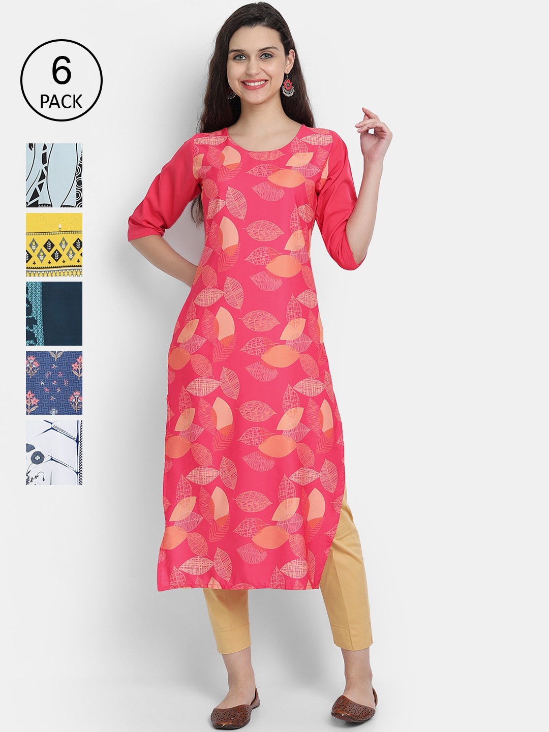 

Ethnic basket Women Pack of 6 Printed Crepe Kurtas, Pink