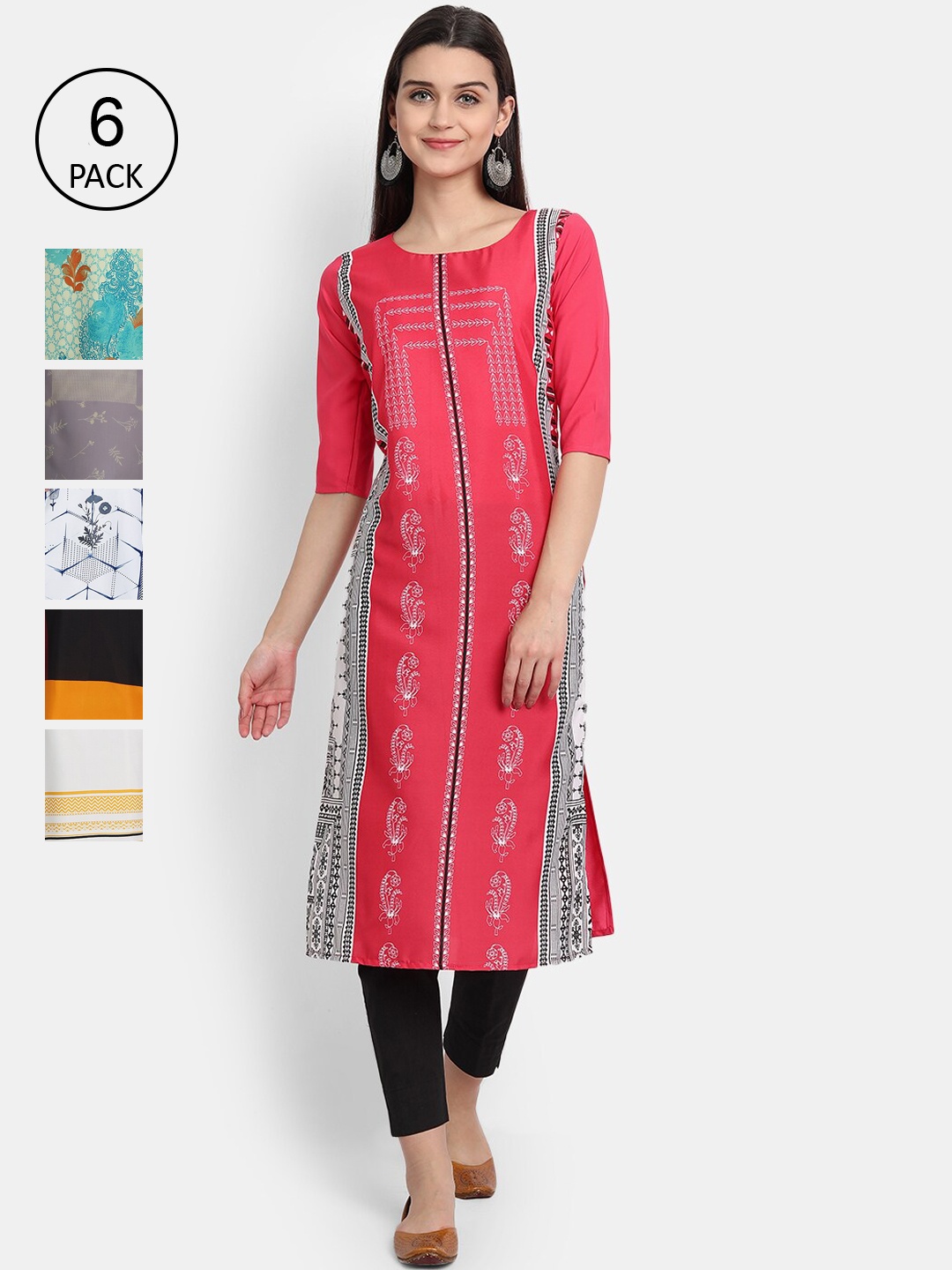 

Ethnic basket Pack of 6 Ethnic Motifs Printed Crepe Kurta, Pink