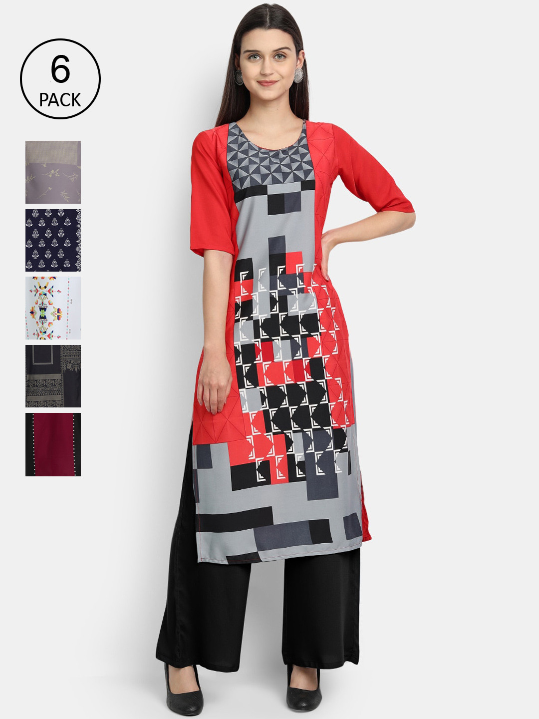 

Ethnic basket Women Set of 6 Printed Crepe Kurta, Multi