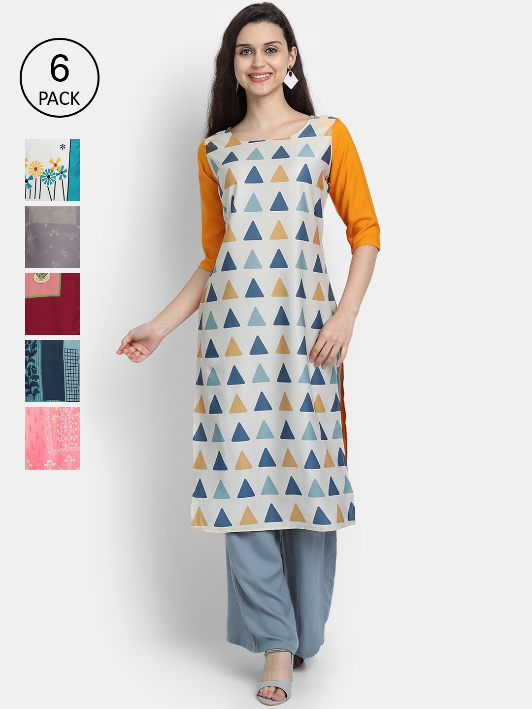 

Ethnic basket Women Pack Of 6 Geometric Printed Crepe Kurta, Grey