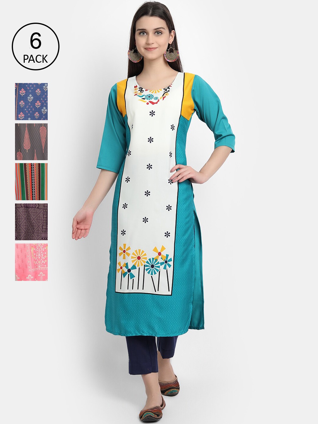 

Ethnic basket Women Set of 6 Printed Crepe Kurta, Multi