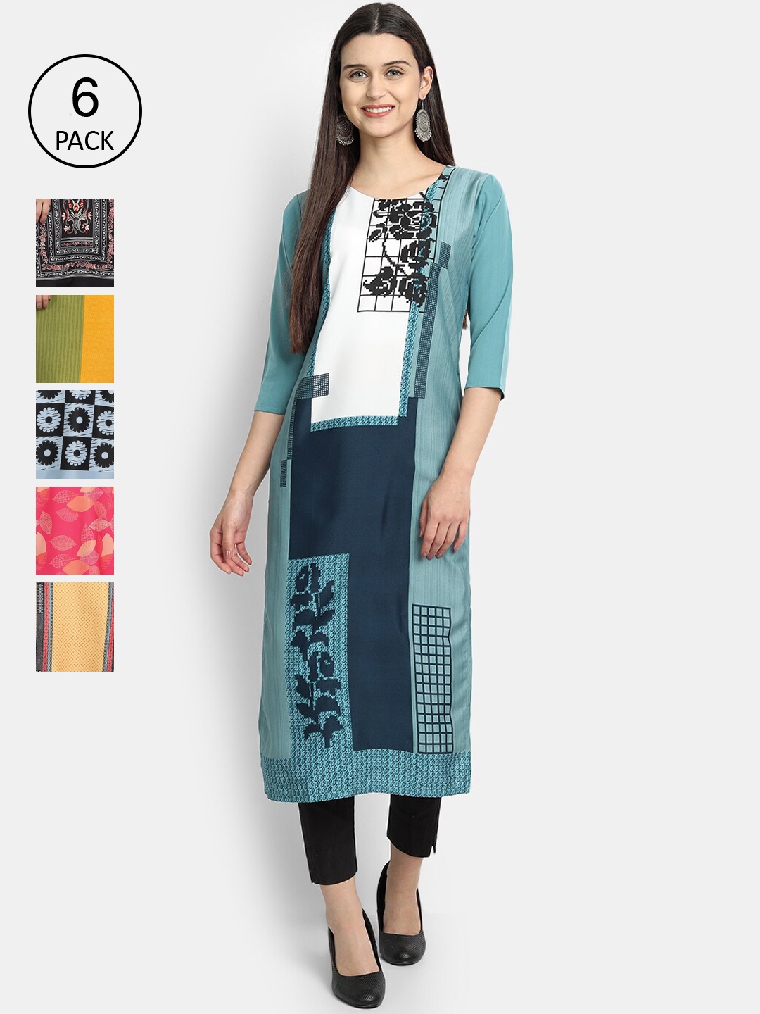 

Ethnic basket Women Set Of 6 Multicoloured Ethnic Motifs Printed Crepe Kurta, Multi