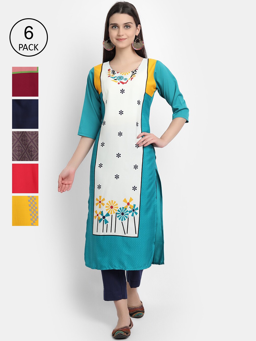 

Ethnic basket Women Pack of 6 Multicoloured Printed Straight Kurta, Multi