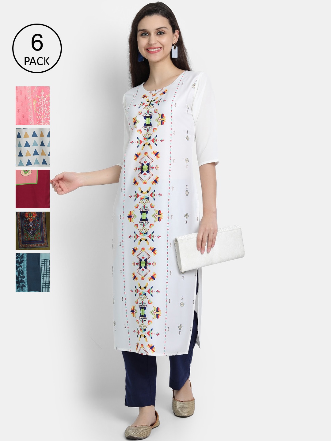 

Ethnic basket Women Pack of 6 Ethnic Motifs Printed Crepe Kurta, Multi