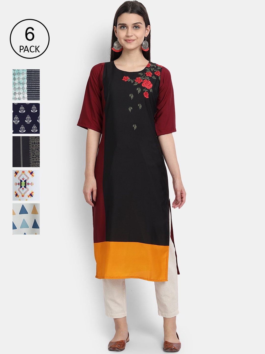 

Ethnic basket Women Pack Of 6 Printed Crepe Kurta, Black