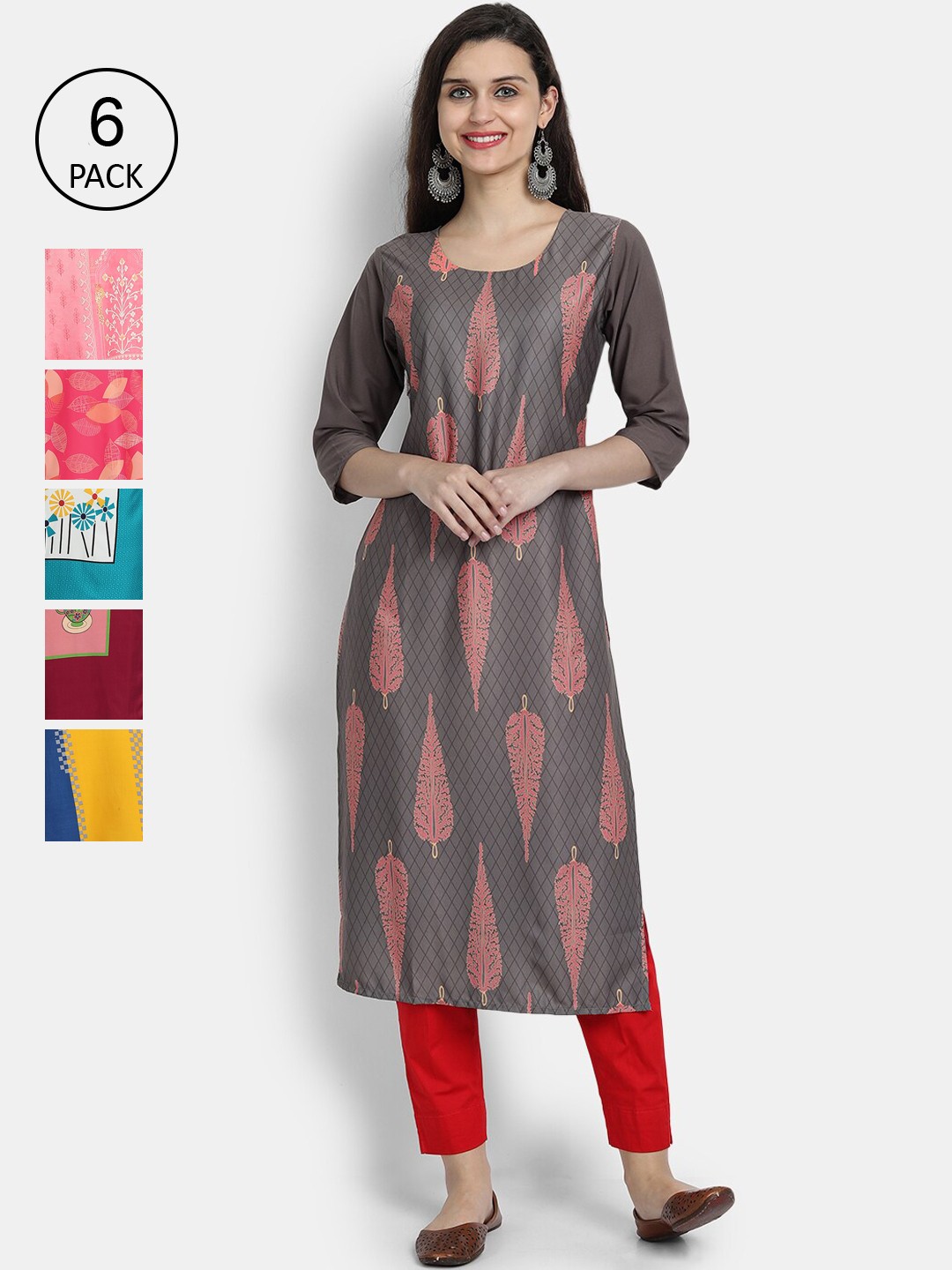 

Ethnic basket Women Multicoloured Set Of 6 Ethnic Motifs Printed Crepe Kurta, Multi